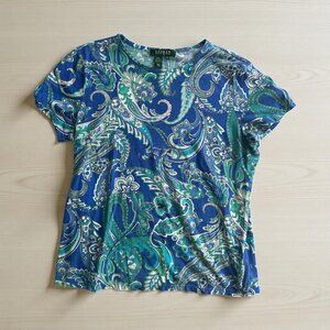 LAUREN RALPH LAUREN Blue Paisley Casual T Shirt Size Medium